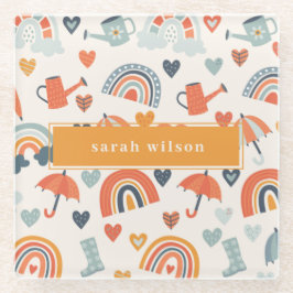 キュートオレンジブルー春レインボークラウドパターン ガラスコースター