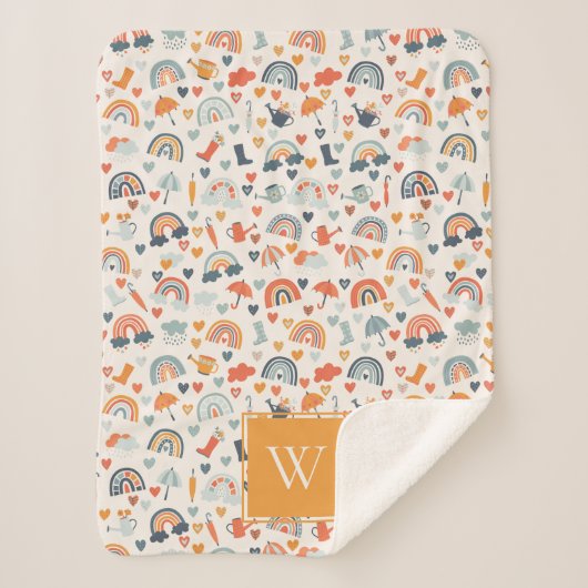 キュートオレンジブルー春レインボークラウドパターン シェルパブランケット (正面)