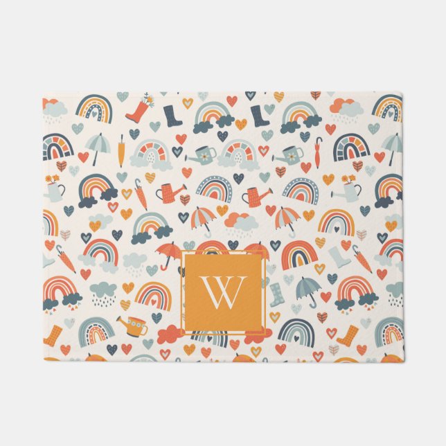 キュートオレンジブルー春レインボークラウドパターン ドアマット (正面)