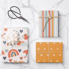 キュートオレンジブルー春レインボークラウドパターン ラッピングペーパーシート