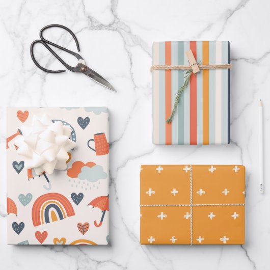 キュートオレンジブルー春レインボークラウドパターン ラッピングペーパーシート (正面)