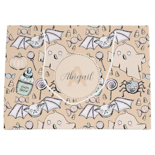 キュートオレンジベビーハロウィンカボチャ、こうもり&幽霊 ラージペーパーバッグ (正面)