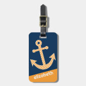 キュートオレンジ水玉模様いかりウィズネイビー名前をカスタムする ラゲッジタグ (正面縦)