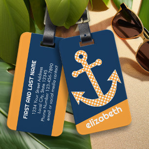 キュートオレンジ水玉模様いかりウィズネイビー名前をカスタムする ラゲッジタグ