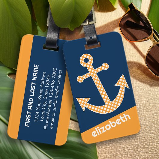 キュートオレンジ水玉模様いかりウィズネイビー名前をカスタムする ラゲッジタグ