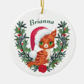 キュートオレンジ虎猫キッテンクリスマスリース セラミックオーナメント (正面)