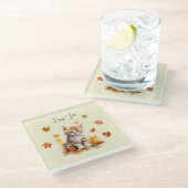 キュートオレンジ虎猫キットイン紅葉 ガラスコースター (アングル)