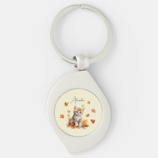 キュートオレンジ虎猫キットイン紅葉 キーホルダー (正面)