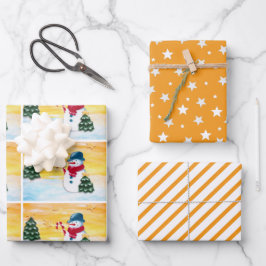 キュートオレンジ雪だるまクリスマスツリースターパターン ラッピングペーパーシート