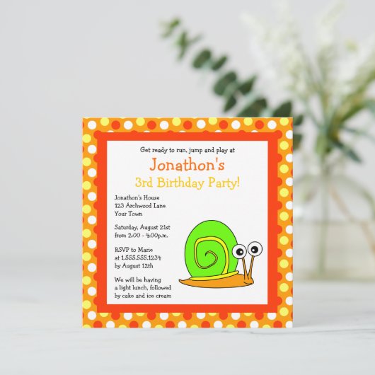 キュートオレンジ&グリーンスネイル誕生日招待状 招待状 (スタンド正面)