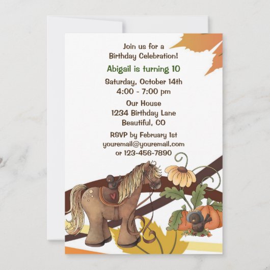 キュートオータムポニーアンドクロース秋ホース誕生日 招待状 (裏面)