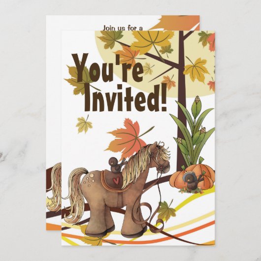 キュートオータムポニーアンドクロース秋ホース誕生日 招待状 (正面/裏面)