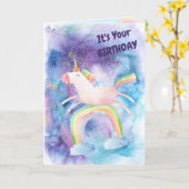 キュートオーバーザレインボユニコーン誕生日カード カード (黄色い花)