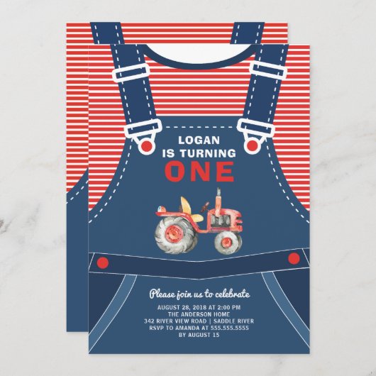 キュートオーバーールズファームトラクターボーイズ誕生日招待 招待状 (正面/裏面)