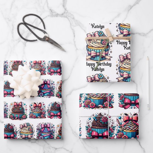 キュートカお洒落ップパーソナライズされたケーキ誕生日 ラッピングペーパーシート (正面)