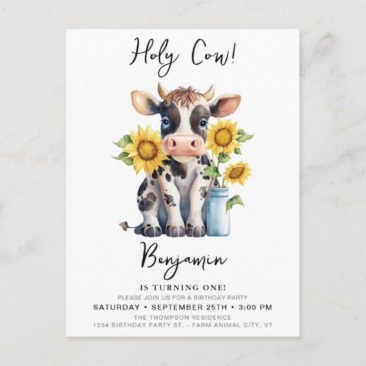 キュートカウサンフラワーモダンズシンプル誕生日 インビテーションポストカード (正面)