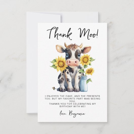キュートカウサンフラワーモダンズシンプル誕生日 サンキューカード (正面)