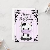 キュートカウパープルストライププリント子供の誕生日 カード (正面/裏面インサイチュ)