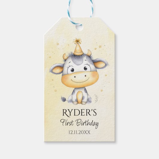 キュートカウファースト誕生日メッセージカード ギフトタグ (正面)
