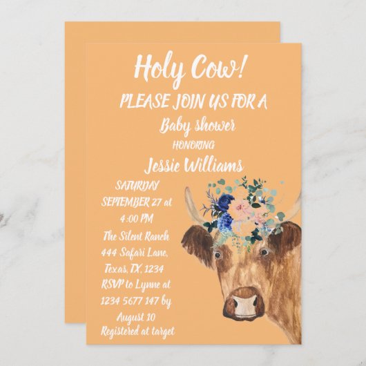 キュートカウファームカントリー男の赤ちゃんウェスタンフローラインヴィ 招待状 (正面/裏面)
