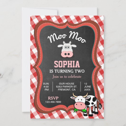 キュートカウファーム子供の誕生日パーティの招待状 招待状 (正面)