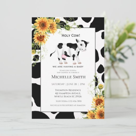 キュートカウプリントひまわりベビーシャワー招待状 招待状 (スタンド正面)