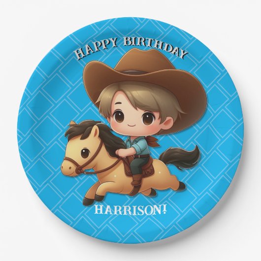 キュートカウボーイアンドホースウェスタン誕生日 ペーパープレート (正面)