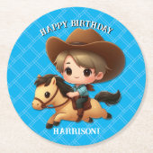 キュートカウボーイアンドホースウェスタン誕生日 ラウンドペーパーコースター (正面)