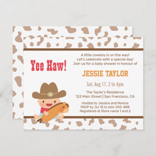 キュートカウボーイウェスタンテーマベビーシャワー招待状 招待状 (正面/裏面)