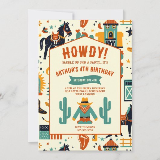キュートカウボーイ子供の誕生日お洒落ワイルドウェスタン 招待状 (正面)
