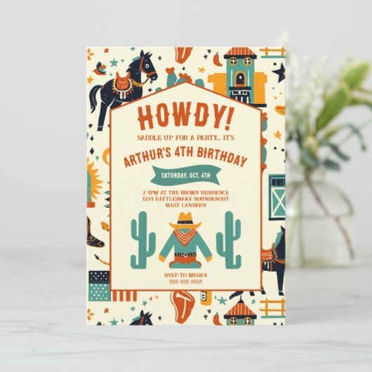 キュートカウボーイ子供の誕生日お洒落ワイルドウェスタン 招待状 (スタンド正面)
