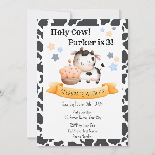 キュートカウ子供の誕生日パーティの招待状 招待状 (正面)