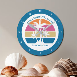 キュートカスタムビーチハウスパームツリーズブルー ラウンド壁時計