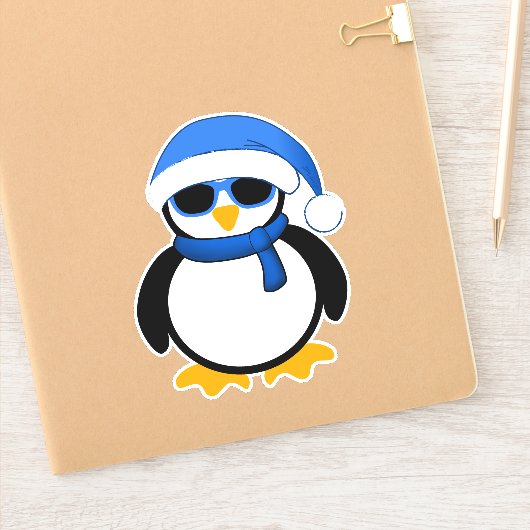 キュートカッコいいペンギン冬の青いサンタ帽 シール (ノートブック)