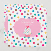 キュートカップケーキパーティー招待状水玉模様ピンク 招待状 (正面/裏面)