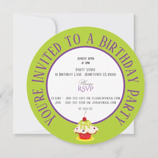 キュートカップケーキブライトグリーン子供の誕生日 招待状 (裏面)