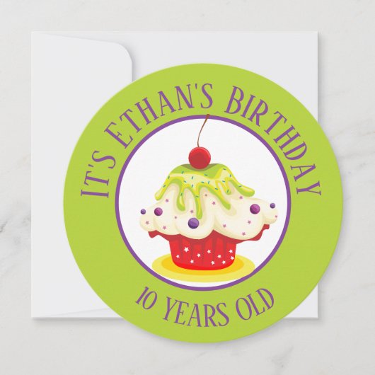 キュートカップケーキブライトグリーン子供の誕生日 招待状 (正面)