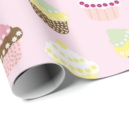 キュートカップケーキ柄パステルピンク ラッピングペーパー (ロールコーナー)