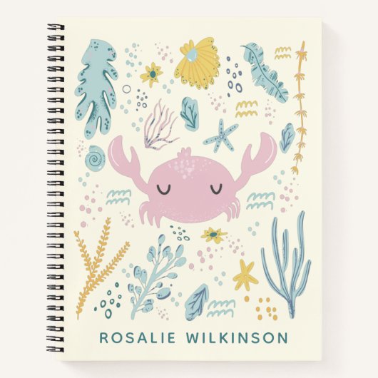 キュートカニアンダーウォーターシェルズパステル名前をカスタムする ノートブック (正面)