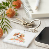 キュートカバリエールキングチャールズスパニエル犬オレンジ色の花 キーホルダー (正面右)