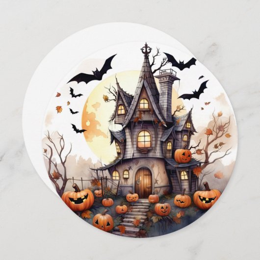 キュートカボおもしろいンプキンス幽霊のよく出るハウスハロウィーンカード シーズンカード (正面/裏面)