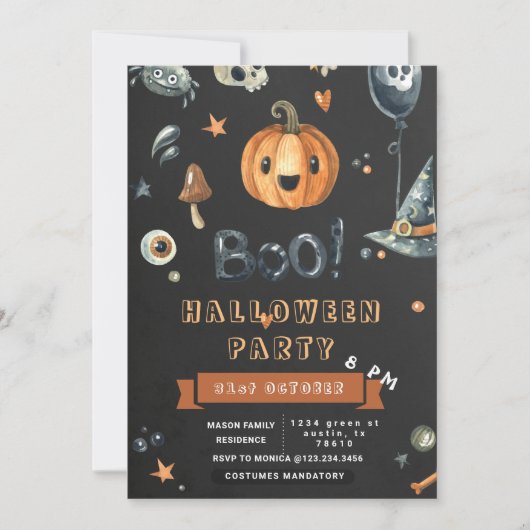 キュートカボチャのブー熱狂するハローウィンパーティ 招待状 (正面)