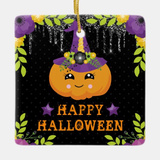 キュートカボチャフローラハッピーハローウィン セラミックオーナメント (正面)