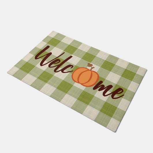 キュートカボンプキンウェルカムワードアートオン秋グリーンギンガム ドアマット (アングル)