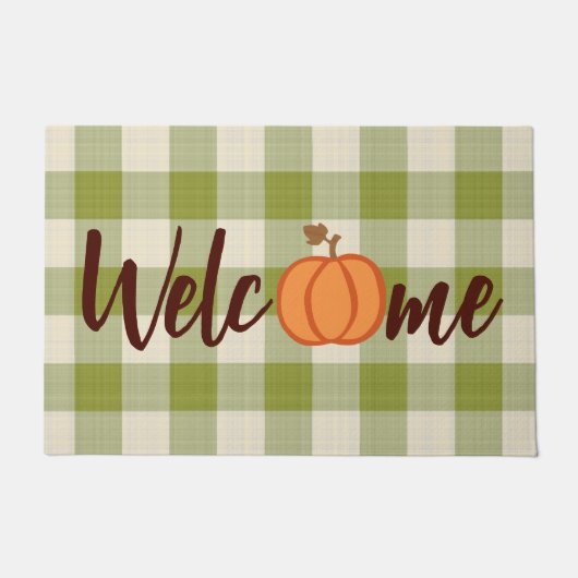 キュートカボンプキンウェルカムワードアートオン秋グリーンギンガム ドアマット (正面)
