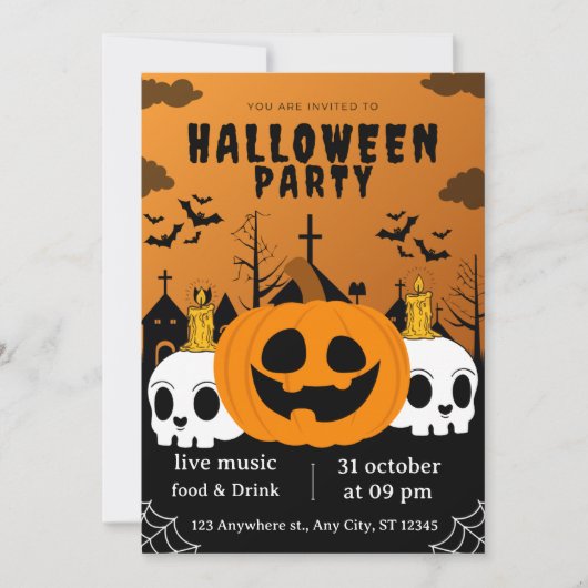 キュートカボンプキンスケルトンハローウィンパーティ招待状 招待状 (正面)