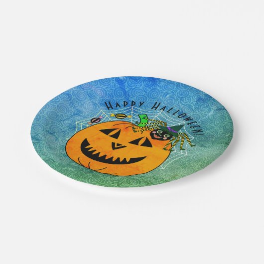 キュートカボンプキンスパイダーウィッチハローウィンパーティ ペーパープレート (アングル)