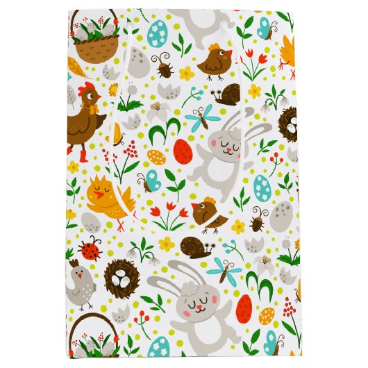 キュートカラフルとイースターシンボルシームレスパターン ミディアムペーパーバッグ (正面)