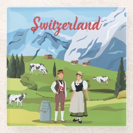 キュートカラフルとスイス漫画スケッチ ガラスコースター (正面)