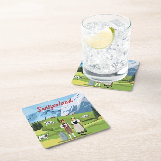 キュートカラフルとスイス漫画スケッチ スクエアペーパーコースター (インサイチュ)